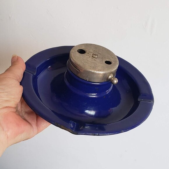 Vintage COBALT ENAMEL ASHTRAY Metal Blue Enamelware from Hungary - Picture 4 of 14
